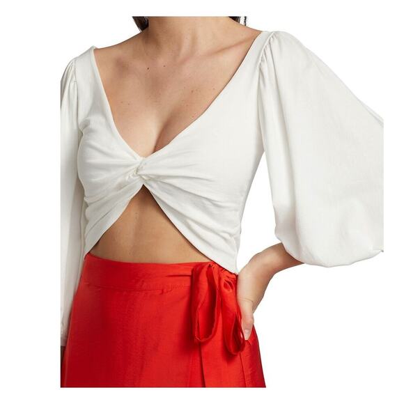 NWT Amur Oni Draped Ruched Cropped Top Organic Cotton Puff Sleeve White Large - Picture 1 of 13